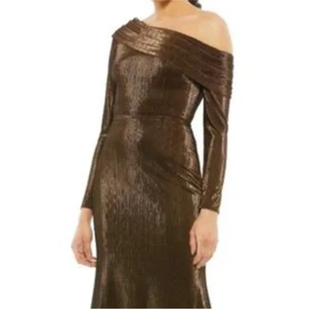 MAC DUGGAL Dress Size 0 Evening Gown NEW Golden Chocolate Metallic Off Shoulder - Picture 2 of 3